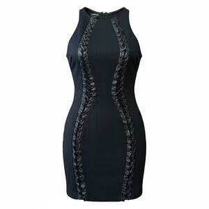 Bebe Body Con Woven leather Medium Black Mini Dress Racer Back Club Party Date